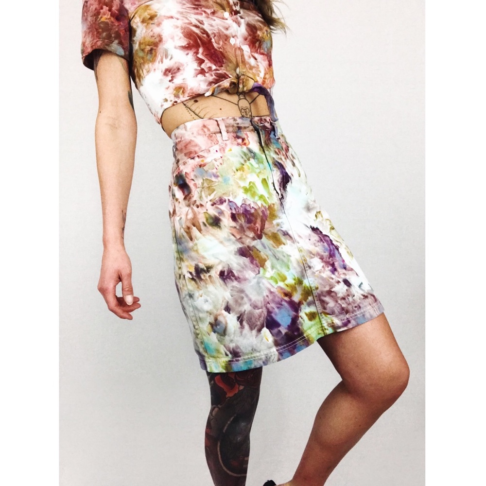 🆕 Hand-Dyed Denim Mini Skirt in Technicolor - Picture 7 of 13
